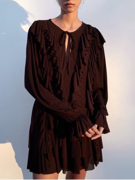 Zara Dresses & Skirts - Zara Ruffled Cascading Chocolate Brown Semi Sheer Billowy Boho Mini Dress Medium